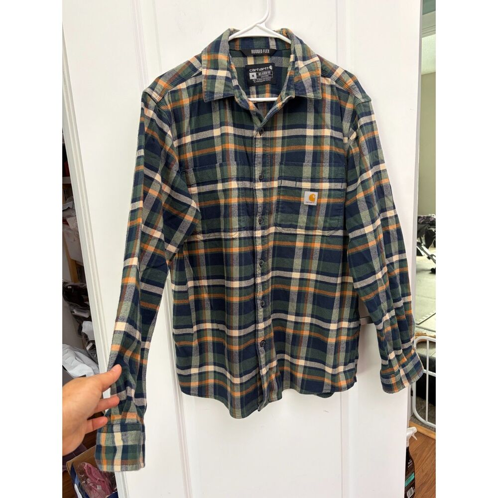 Carhartt Mens Med Rugged Flex Relaxed Plaid Flannel Shirt Green Navy Workwear